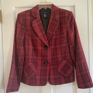 Vintage R Q T Blazer Jacket with Pockets & Square Buttons in wine plaid. Size 8.